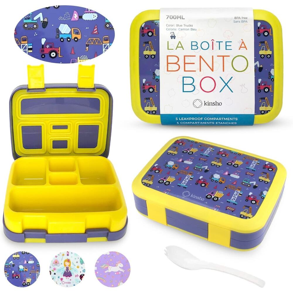 Kinsho Bento Lunch Box w/5 comp & carrying case Blue Trucks